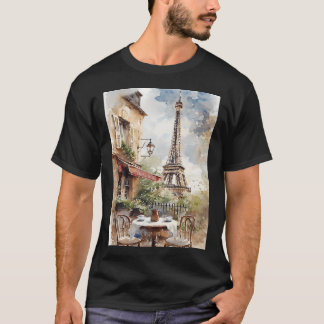 T-shirt Art aquarelle d'un charmant café parisien avec Eif