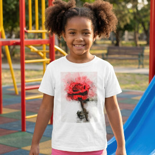 T-shirt Art aquarelle d'une rose rouge sur fond blanc