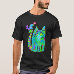 T-shirt Art Coloré Chat Avec Oiseau Bleu Pour Chat