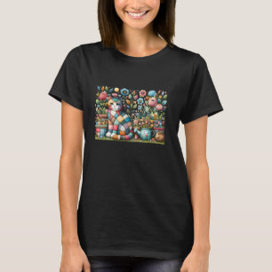 T-shirt Art de chat patchwork avec jardin floral Cottageco