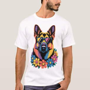 T-shirt Art de chien coloré avec des fleurs et des nuances