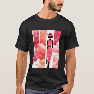 T-shirt Art de mode rose avec silhouette et nuages rétro