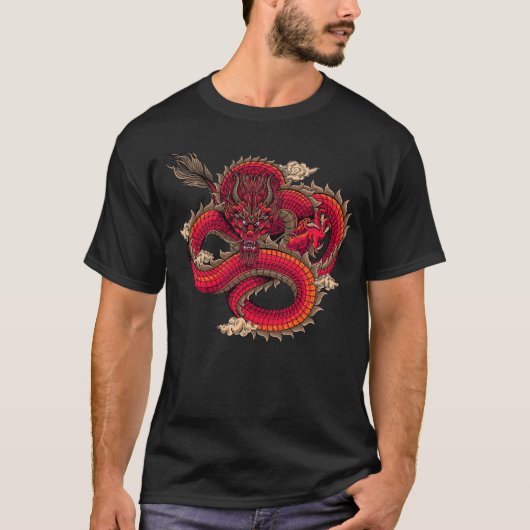 T-shirt Art du dragon rouge féroce cool (Devant)