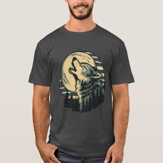 T-shirt Art du loup hurlant sarcelle sous la lune (Devant)