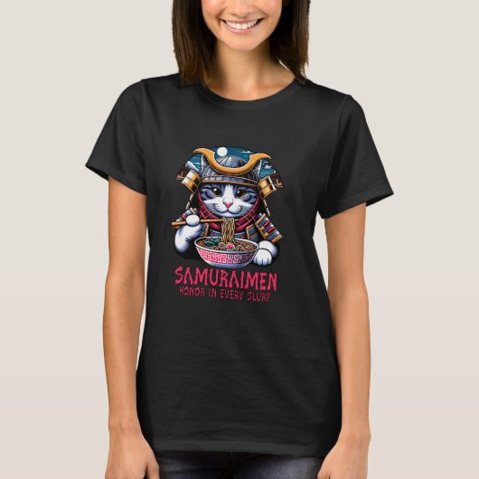 T-shirt Art du mème du chat samouraï mangeant du ramen (Devant)