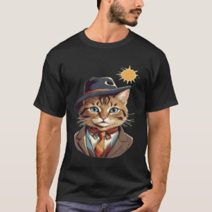 T-shirt Art Élégant de Chat avec Chapeau