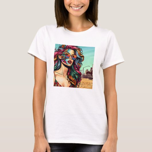 T-shirt Art fracturé | Femme Abstraite à la plage (Devant)