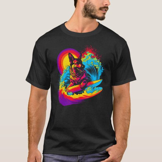 T-shirt Art German Shepherd Dog Surfer (Devant)