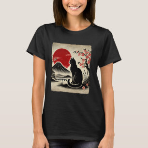 T-shirt Art japonais Chat noir Mont Fuji Cerisiers en fleu