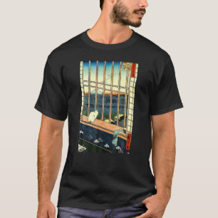 T-shirt Art japonais vintage Hiroshige Neko Chat Mont Fuji