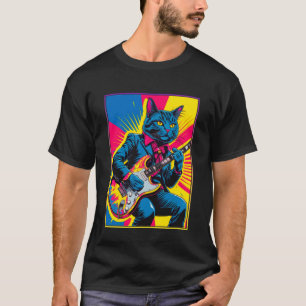 T-shirt Art Pop Rétro Vintage Chat Joue Guitare Électrique