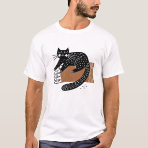 T-shirt Art populaire minimaliste Chat noir assis à la mai