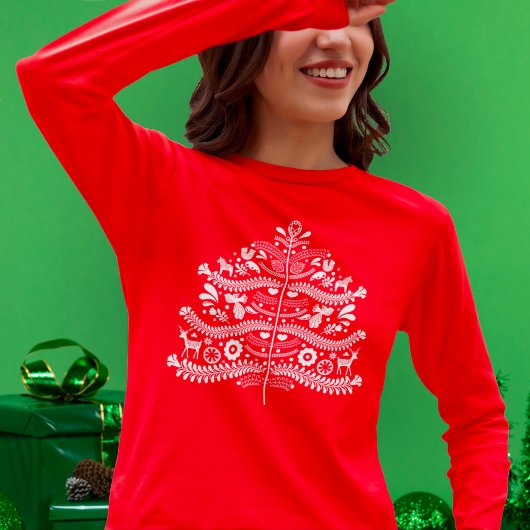 T-shirt Art populaire scandinave blanc Arbre de Noël nordi