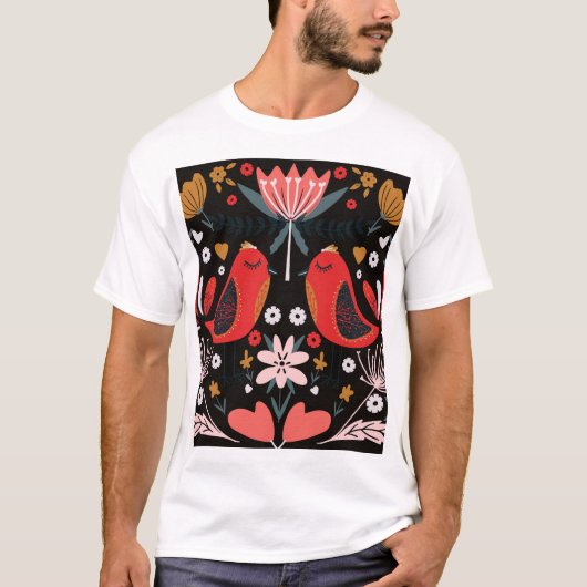 T-shirt Art populaire scandinave : Oiseaux colorés. (Devant)