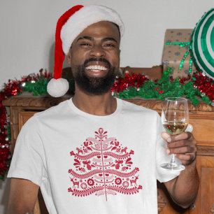 T-shirt Art populaire scandinave rouge Arbre de Noël nordi