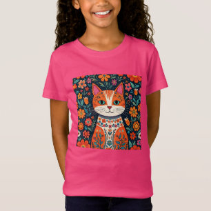 T-Shirt Art populaire Whimsical Chat et Fleurs