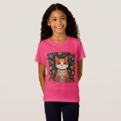 T-Shirt Art populaire Whimsical Chat et Fleurs (Devant entier)