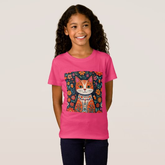 T-Shirt Art populaire Whimsical Chat et Fleurs (Devant entier)