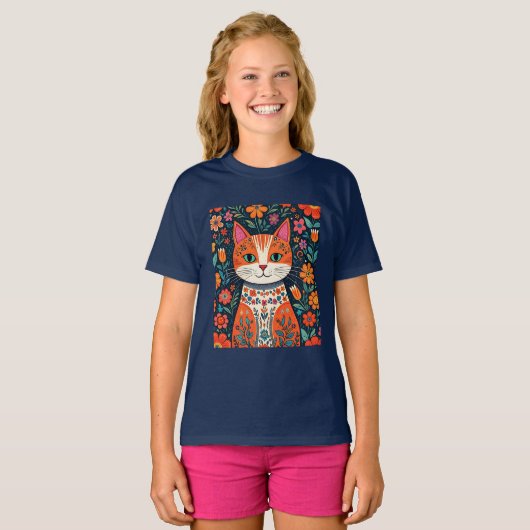T-shirt Art populaire Whimsical Chat et Fleurs (Devant entier)