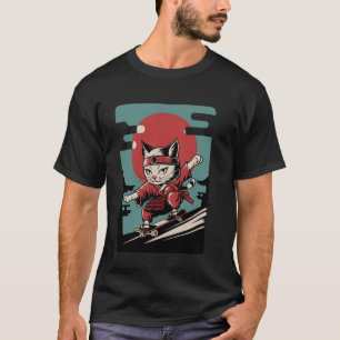 T-shirt Art Ukiyo-e Japonais Vintage de Chat en Skateboard