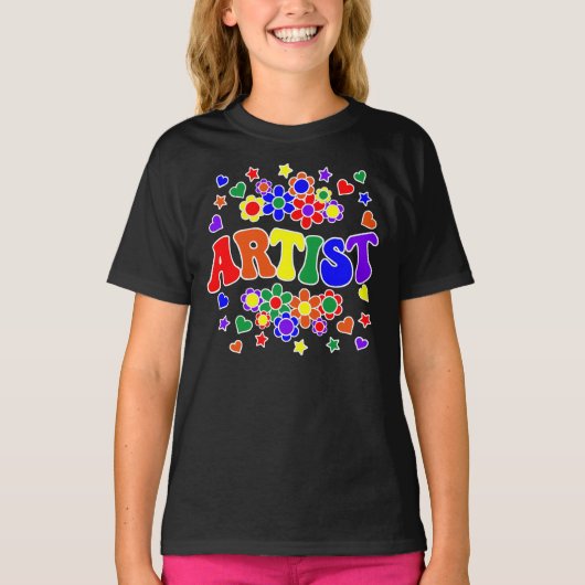 T-shirt ARTISTE-Retro Super, Fleurs, Coeurs, Étoile (Devant)