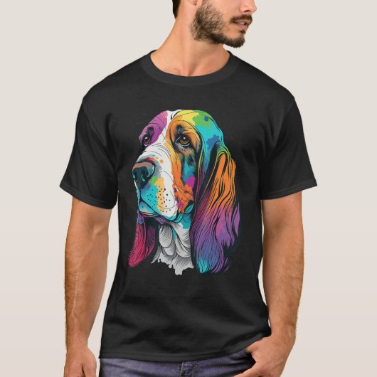 T-shirt Artistic Colorful Pop painted Basset Hound (Devant)