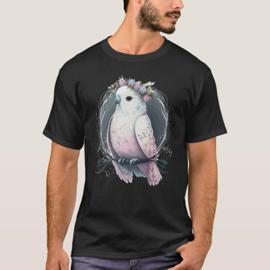 T-shirt Artistic White Parakeet Budgie Bird Flower Crown P (Devant)