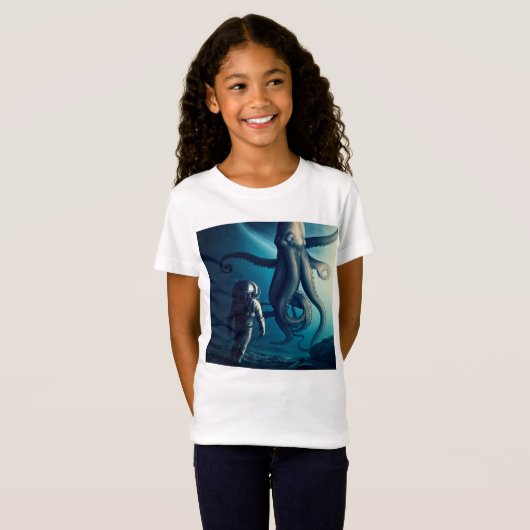 T-Shirt Astronaut amusant et calmar géant (Devant entier)