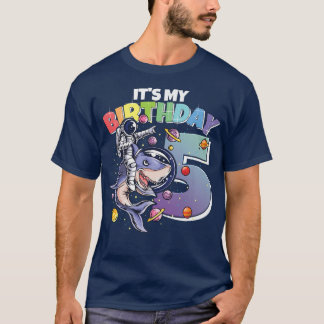 T-shirt Astronaut on Shark 5th Birthday Boy Girl 5 Years 2
