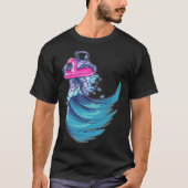 T-shirt Astronaut Surfing Ocean Waves With Pink Flamingo F (Devant)