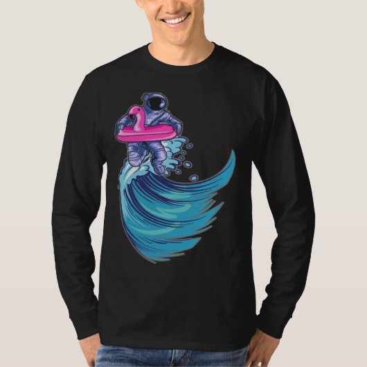 T-shirt Astronaut Surfing Ocean Waves With Pink Flamingo F (Devant)
