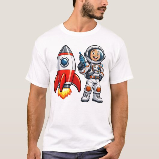 T-shirt Astronaute avec fusée dessin animé art spatial (Devant)