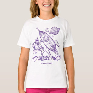T-shirt Astronaute de fusée de voyage rétro violet blanc