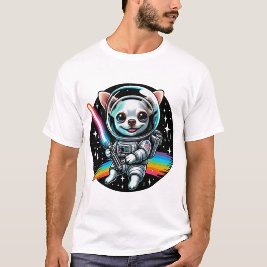 T-shirt Astronaute du Chihuahua avec un phare arc-en-ciel (Devant)