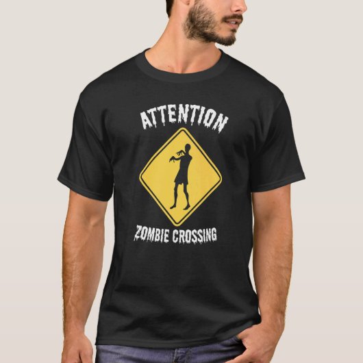 T-shirt Attention Zombie Traversant La Partie D'Halloween (Devant)