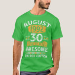 T-shirt August 1992 30 Years Old Gift For Men Vintage 30th<br><div class="desc">August 1992 30 Years Old Gift For Men Vintage 30th Birthday  .</div>