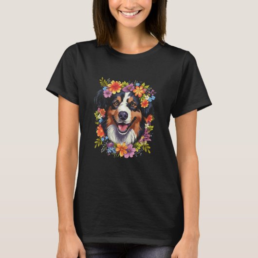 T-shirt Australian Shepherd Aussie with Flower Crown Retro (Devant)