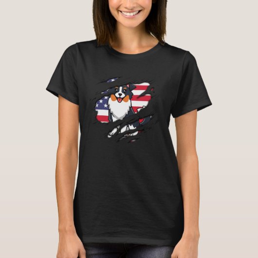 T-shirt Australian Shepherd Inside scratch Flag 4th Of Jul (Devant)