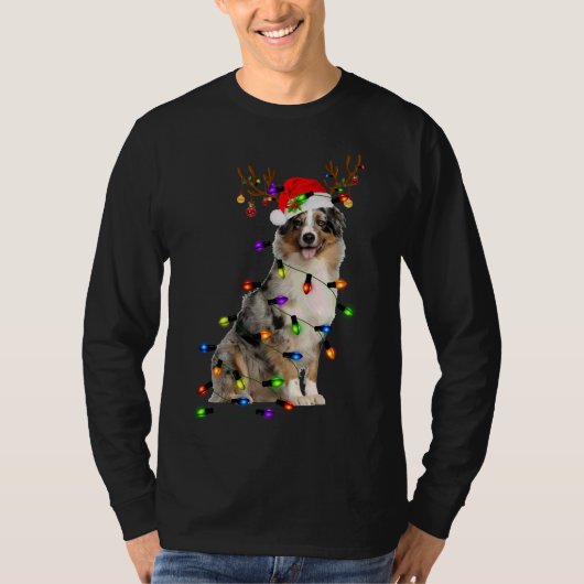 T-shirt Australian Shepherd Reindeer Christmas Lights Funn (Devant)