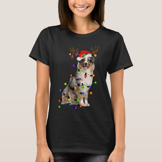 T-shirt Australian Shepherd Reindeer Christmas Lights Funn (Devant)