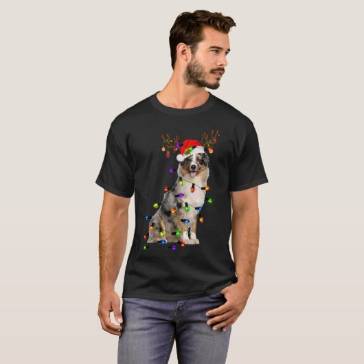 T-shirt Australian Shepherd Reindeer Christmas Lights Funn (Devant entier)