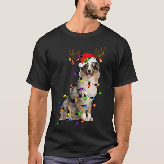 T-shirt Australian Shepherd Reindeer Christmas Lights Funn (Devant)