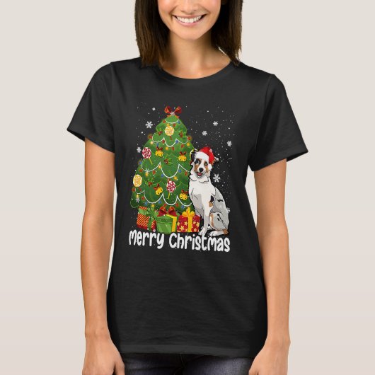 T-shirt Australian Shepherd Santa Christmas Tree Lights Xm (Devant)