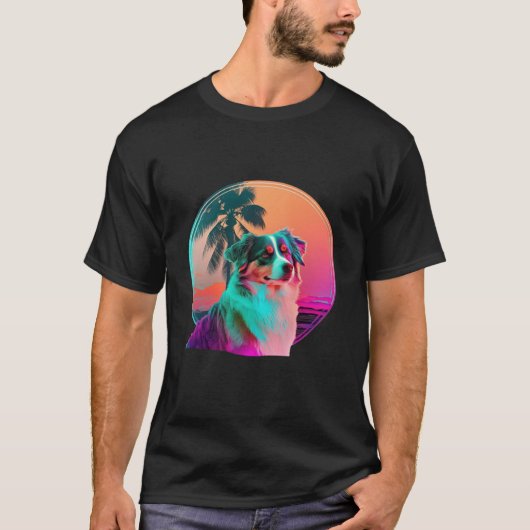 T-shirt Australian Shepherd Synthwave 80s Retrowave Aesthe (Devant)