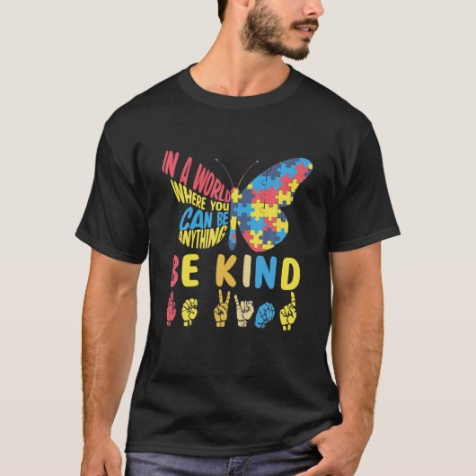 T-shirt Autism Awareness Be Kind Puzzle Sign Language Hand (Devant)