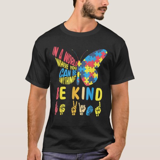 T-shirt Autism Awareness Be Kind Puzzle Sign Language Hand (Devant)