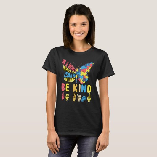 T-shirt Autism Awareness Be Kind Puzzle Sign Language Hand (Devant entier)