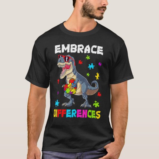 T-shirt Autism Embrace Differences Dinosaur Rex Kids Cute (Devant)