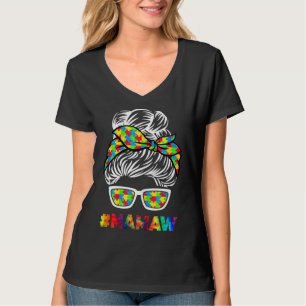 T-shirt Autisme Mamaw Messy Bun Lunettes de soleil Bandana