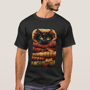 T-shirt Automne Coloré Chat au Repos avec Feuilles de l'Au